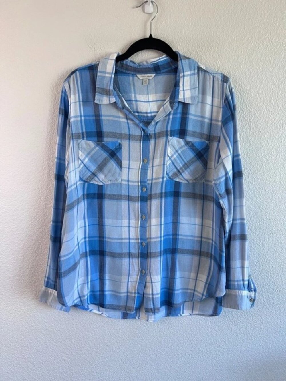 Blue & White Plaid Relaxed-Fit Button-Down Shirt Women's L